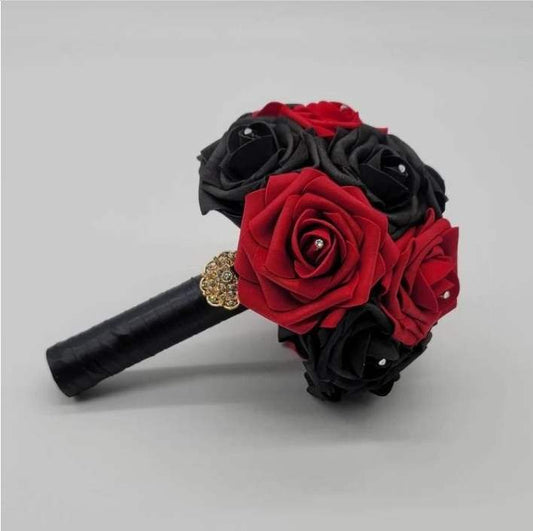 Red and Black Wedding Bouquet made with Real Touch Roses