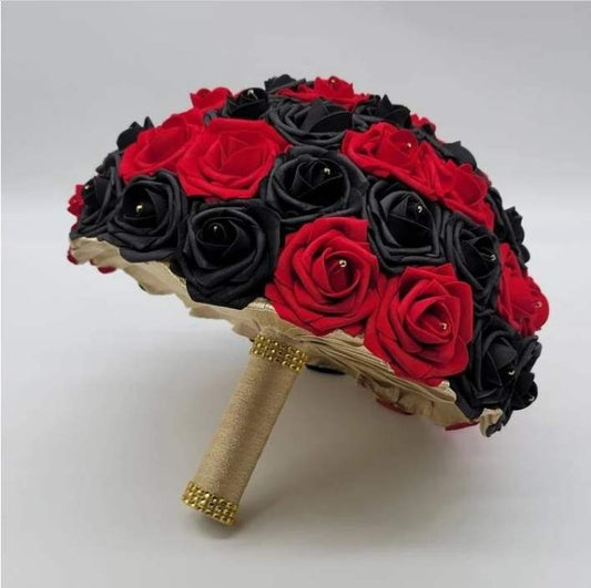 Red, Black, and Gold Bridal Bouquet made with Real Touch Roses