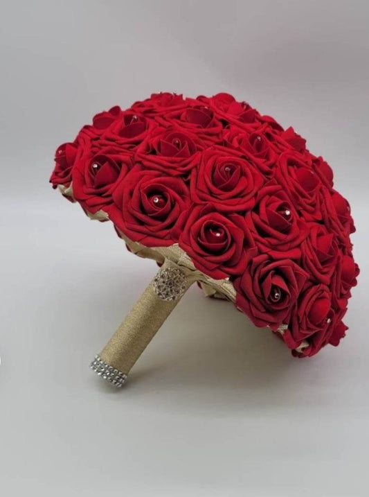 Red and Gold Bridal Bouquet made with Real Touch Roses