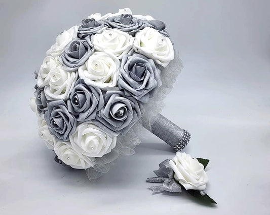 White and Silver Bridal Bouquet made with Real Touch Roses