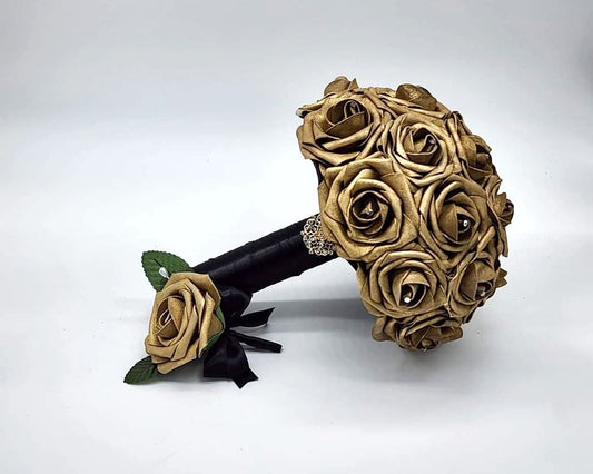 Gold and Black Bridal Bouquet made with Real Touch Roses