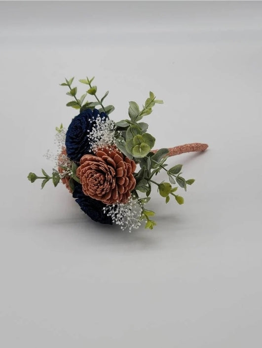 Rose gold and Navy Sola Wood Wedding Bouquet With Eucalyptus