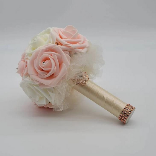 Blush and ivory bridal bouquet with ivory tulle and ivory ribbon, rose gold bling wrap on handle