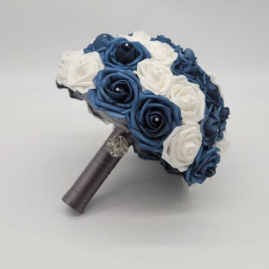 Dark Dusty Blue, White, and Gray Bridal Bouquet