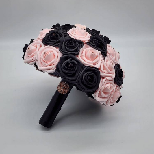 Blush and black bridal bouquet with black ribbon with rosw gold brooch