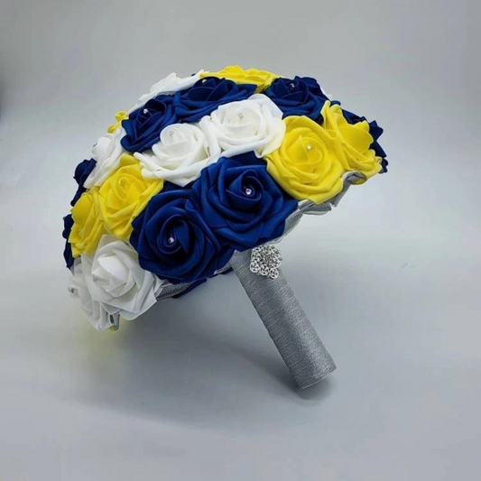 Royal Blue,Yellow, and white Bridal Bouquet made with Real Touch Roses