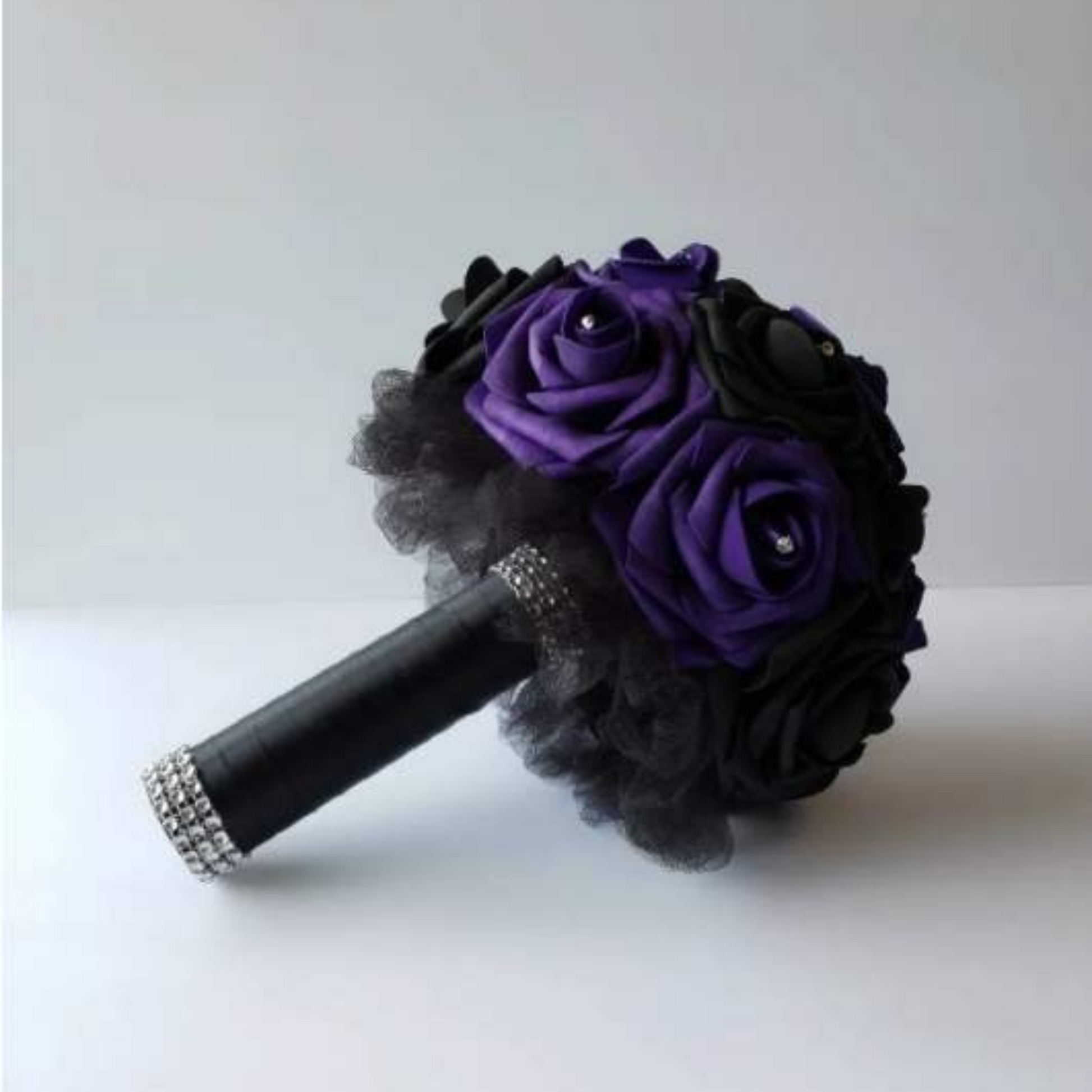 dark purple and black bridal bouquet with black tulle and black ribbonn