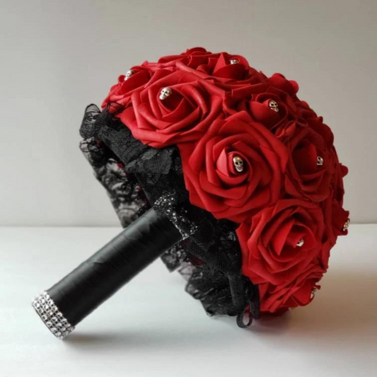 Gothic Skull Red and Black  Bridal Bouquet made with Real Touch Roses