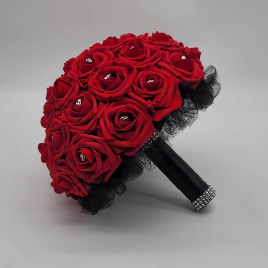 Gothic Skull Red and Black  Bridal Bouquet made with Real Touch Roses