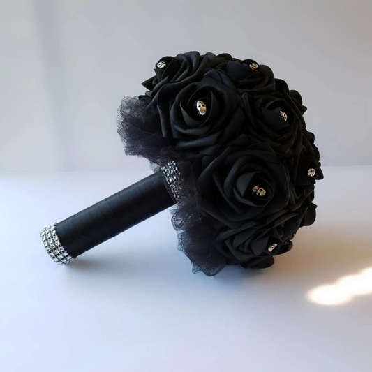 Gothic Skull Black Bridal Bouquet made with Real Touch Roses