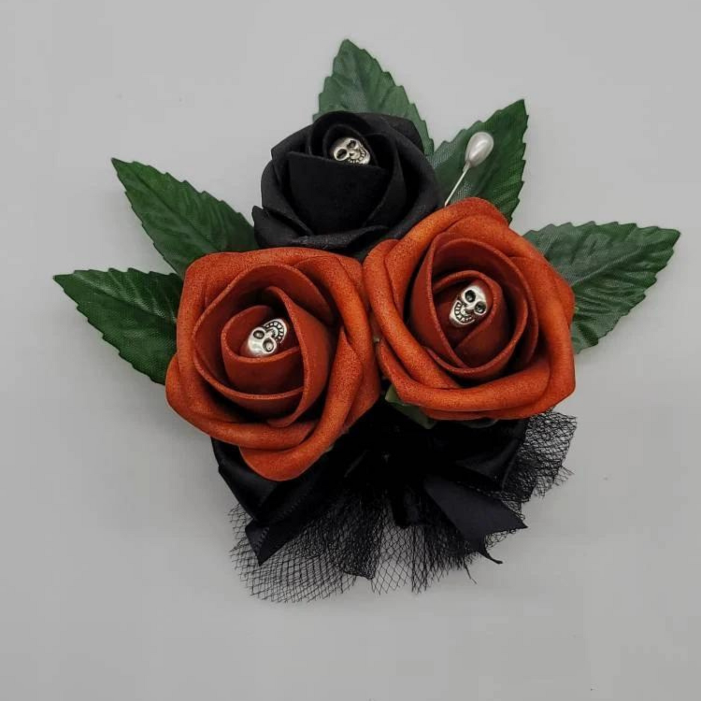 Gothic Skull Burnt Orange and Black Boutonnieres and Corsages