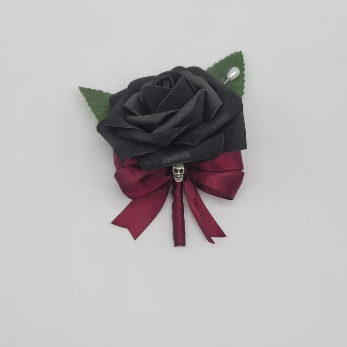 black and burgundy gothic skull boutonniere