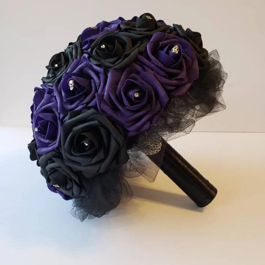 Gothic Skull Black and purple Bridal Bouquet made with Real Touch Roses