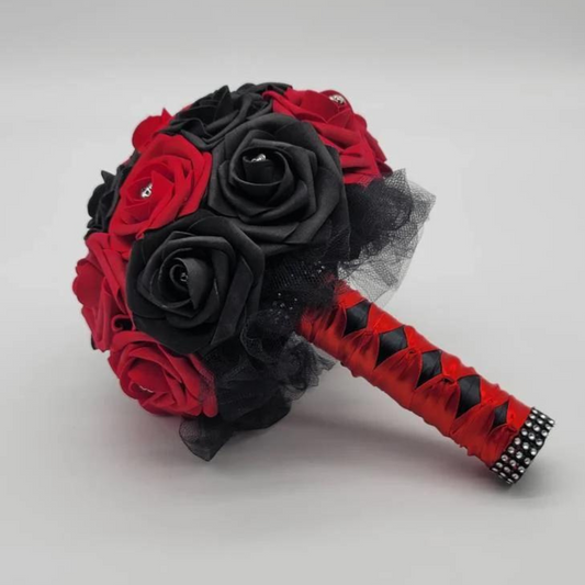 Gothic Skull Black and Red Bridal Bouquet made with Real Touch Roses