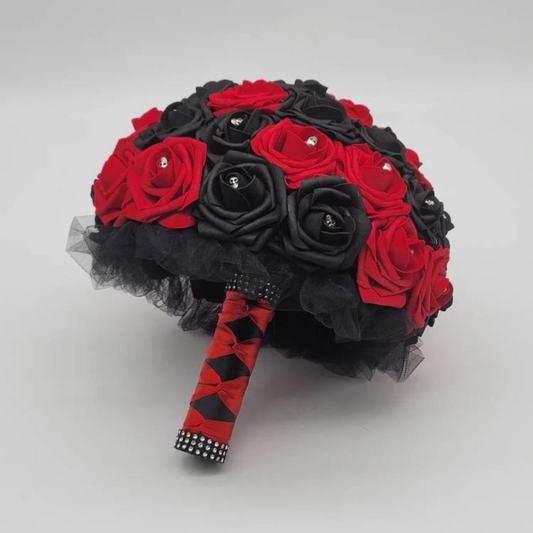 Gothic Skull Black and Red Bridal Bouquet made with Real Touch Roses