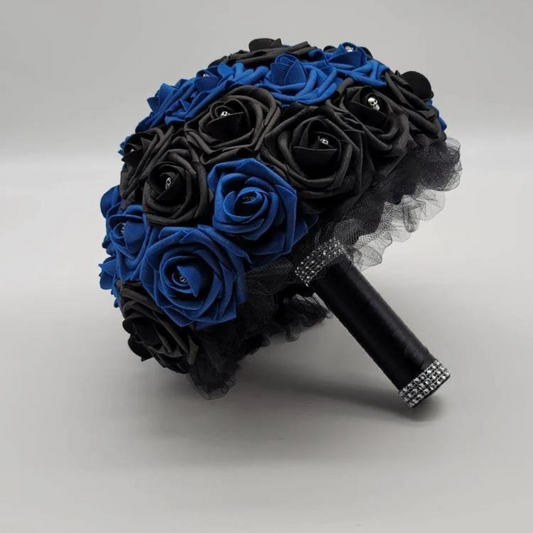 Gothic Skull Black and Royal Blue Bridal Bouquet made with Real Touch Roses