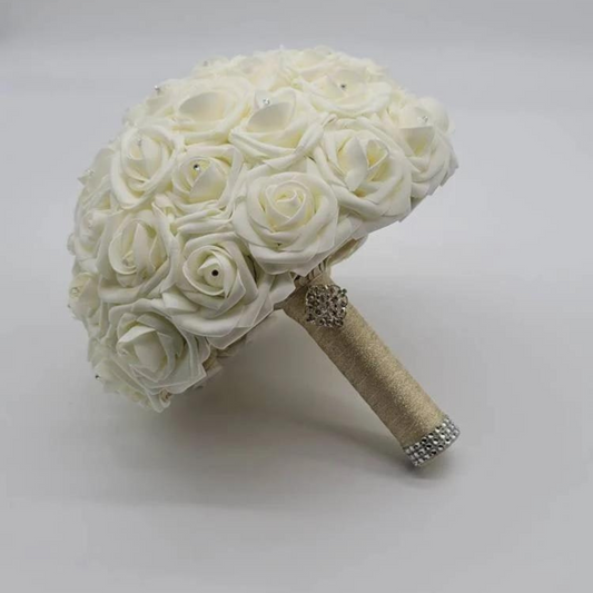 Ivory and Gold Bridal Bouquet made with Real Touch Roses