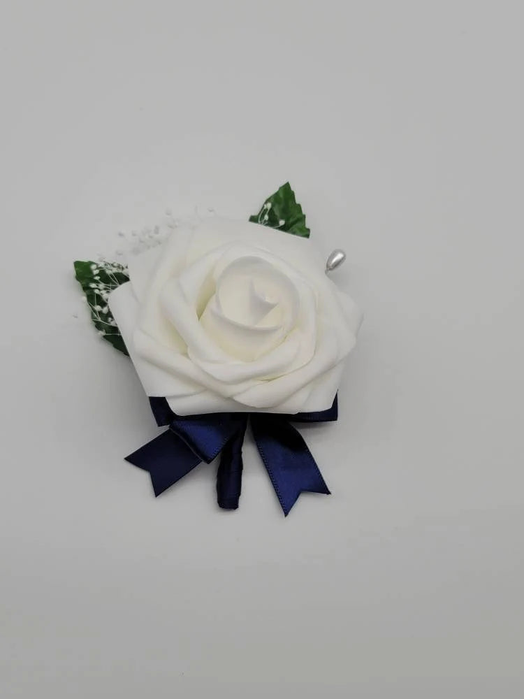 White and Navy Boutonnieres and Corsages